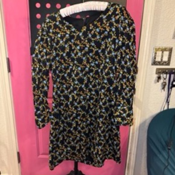 Navy blue with blue roses, Vintage long sleeve dress. - Picture 4 of 4